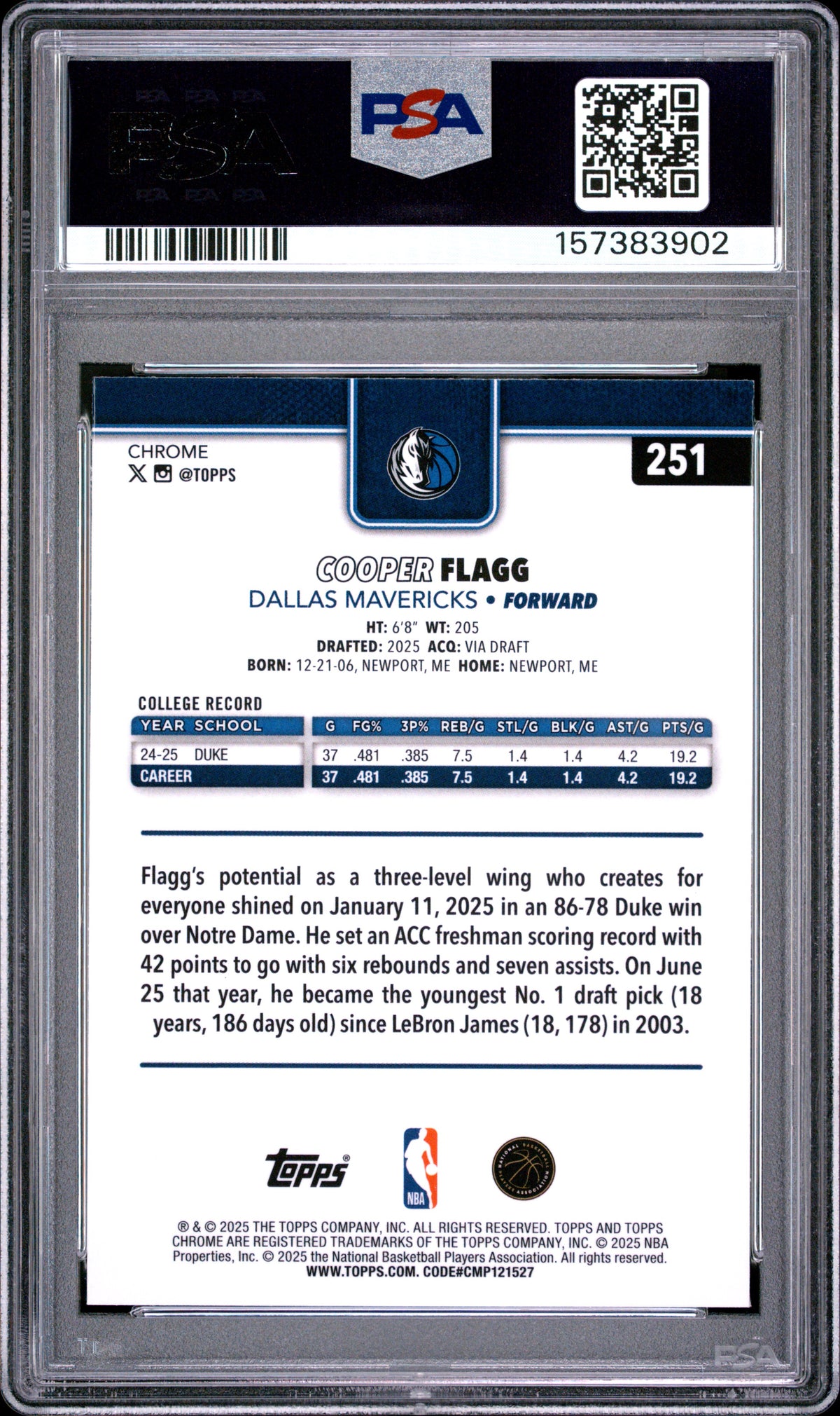 Cooper Flagg 2025-26 Topps Chrome Refractor Rookie RC Dallas Mavericks PSA 9