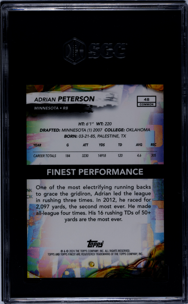 Adrian Peterson 2024 Topps Finest Oil Spill Black Refractor Vikings 2/25 SGC 9
