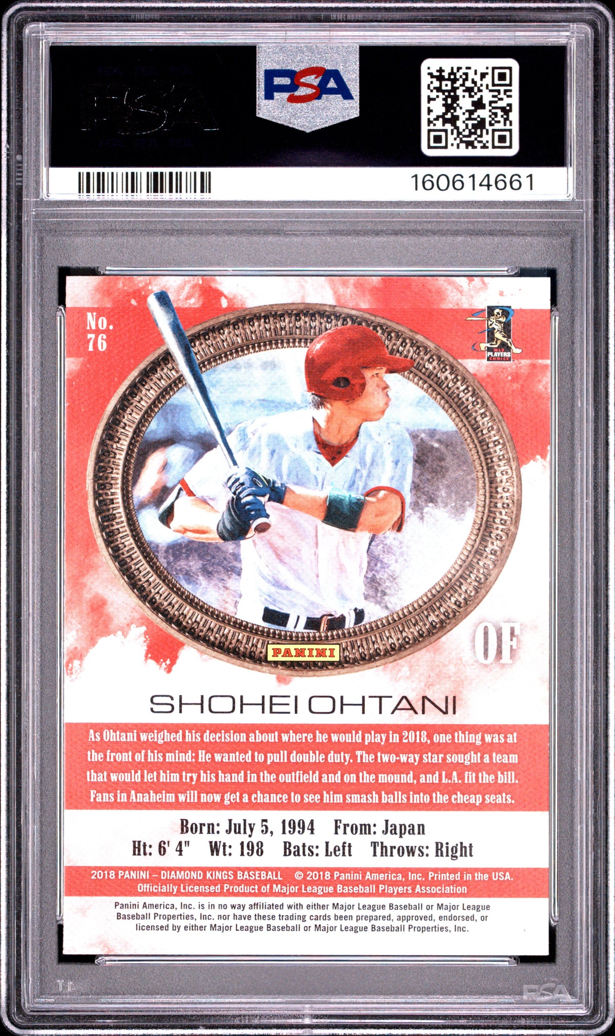 Shohei Ohtani 2018 Diamond Kings Facing Right Rookie RC LA Angels PSA 10