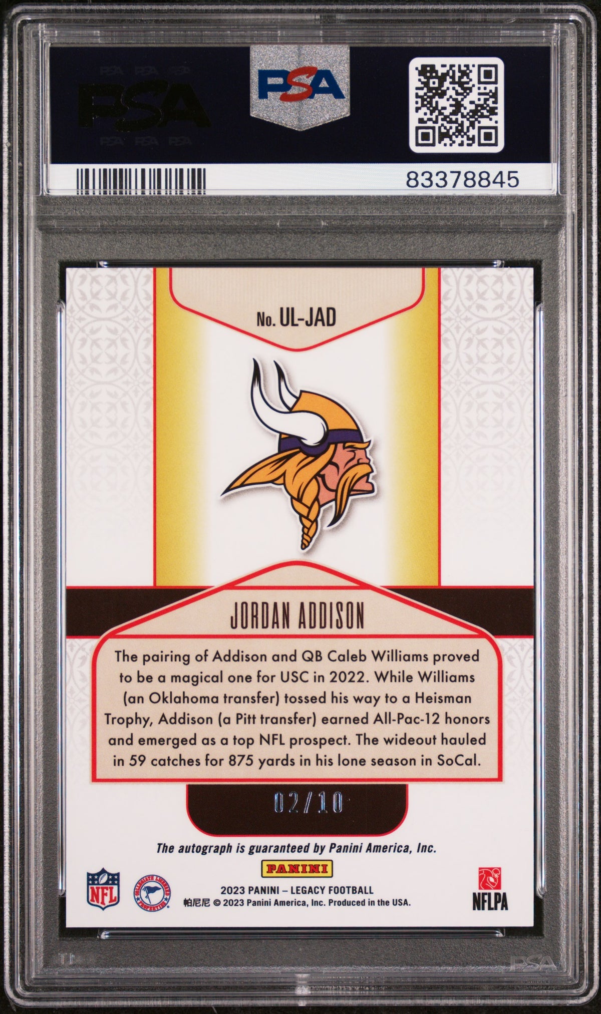 Jordan Addison 2023 Legacy Auto Autograph RC USC Trojans 2/10 PSA 10