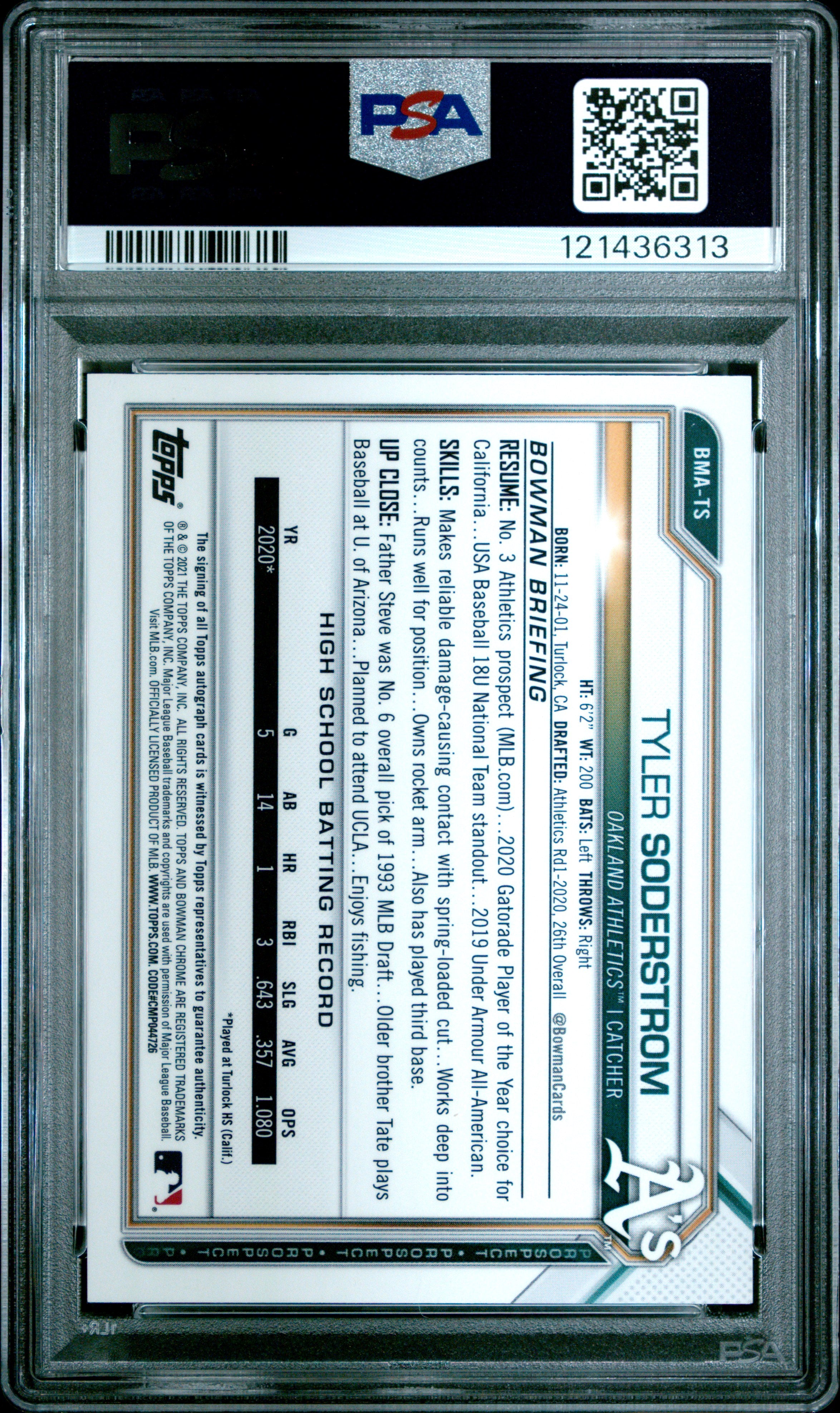 Tyler Soderstrom 2021 Bowman Chrome Mega Box Auto Autograph A's PSA 10