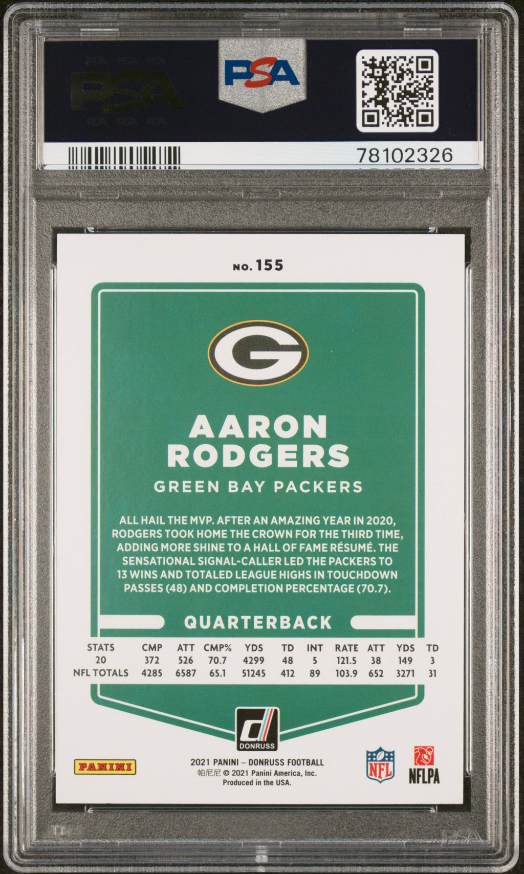 Aaron Rodgers 2021 Donruss Variation Green Bay Packers #155 PSA 10