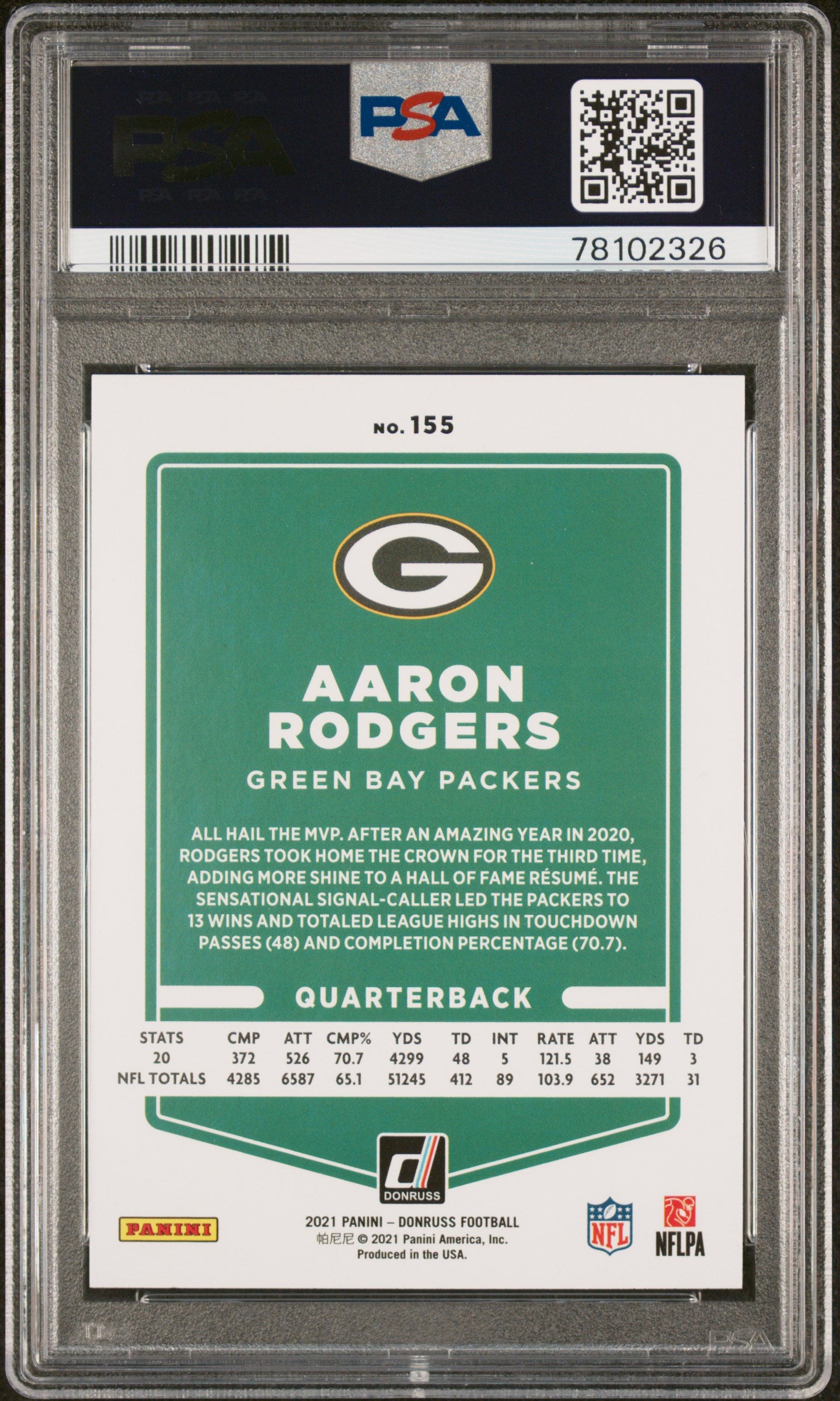 Aaron Rodgers 2021 Donruss Variation Green Bay Packers #155 PSA 10