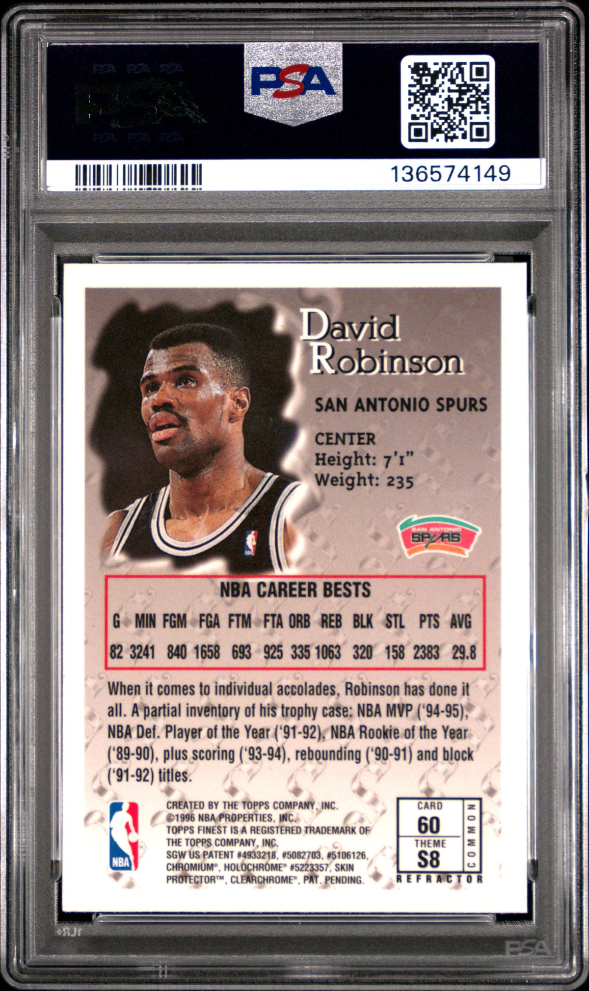 David Robinson 1996 Finest Refractor W Coating San Antonio Spurs #60 PSA 5