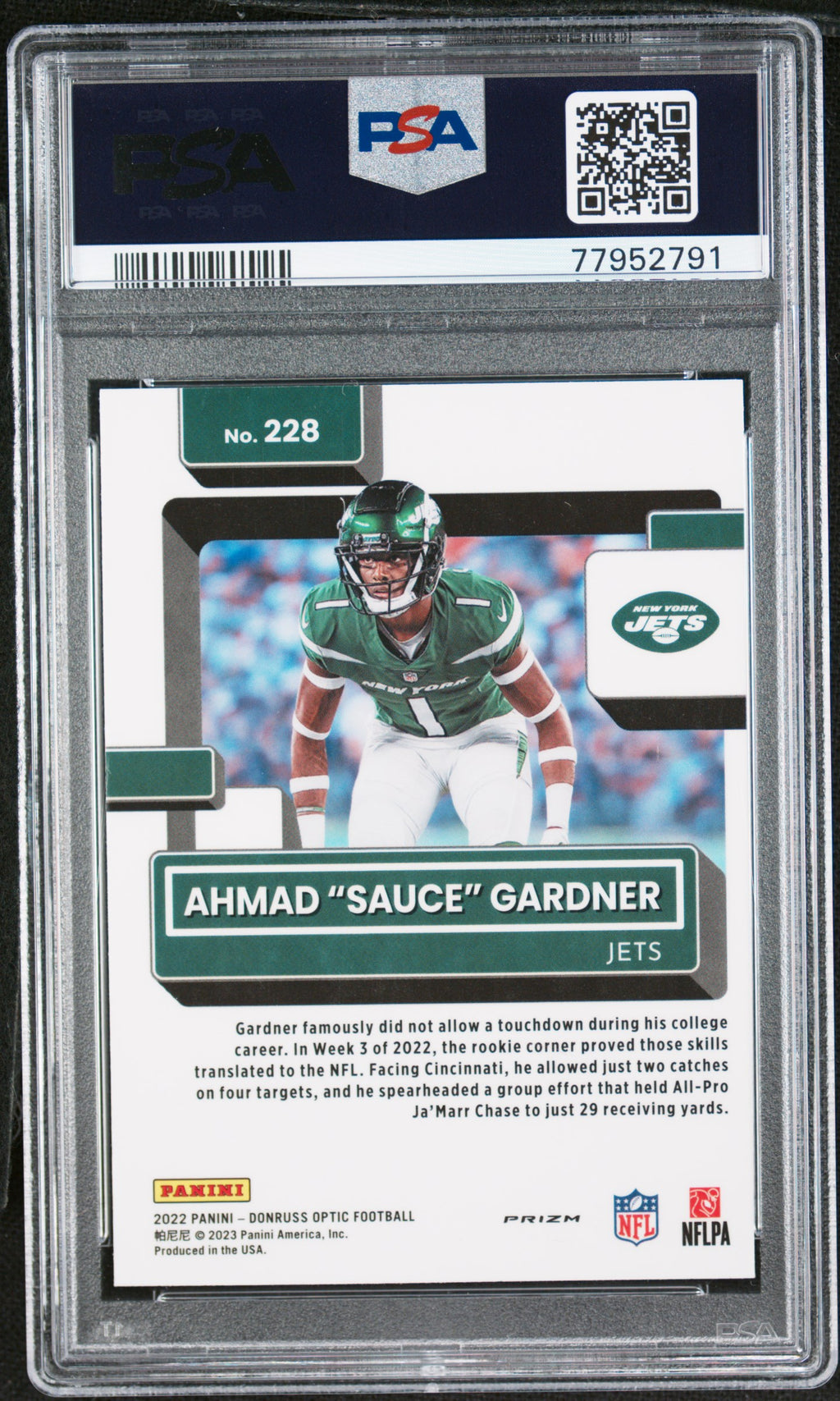 Sauce Gardner 2022 Optic Rated Rookie Teal Velocity RC New York Jets PSA 9