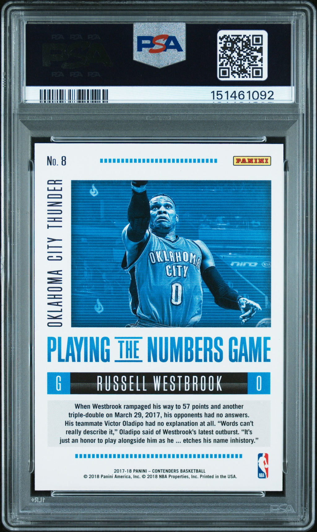 Russell Westbrook 2017 Contenders Numbers Game Cracked Ice Thunder 9/25 PSA 9