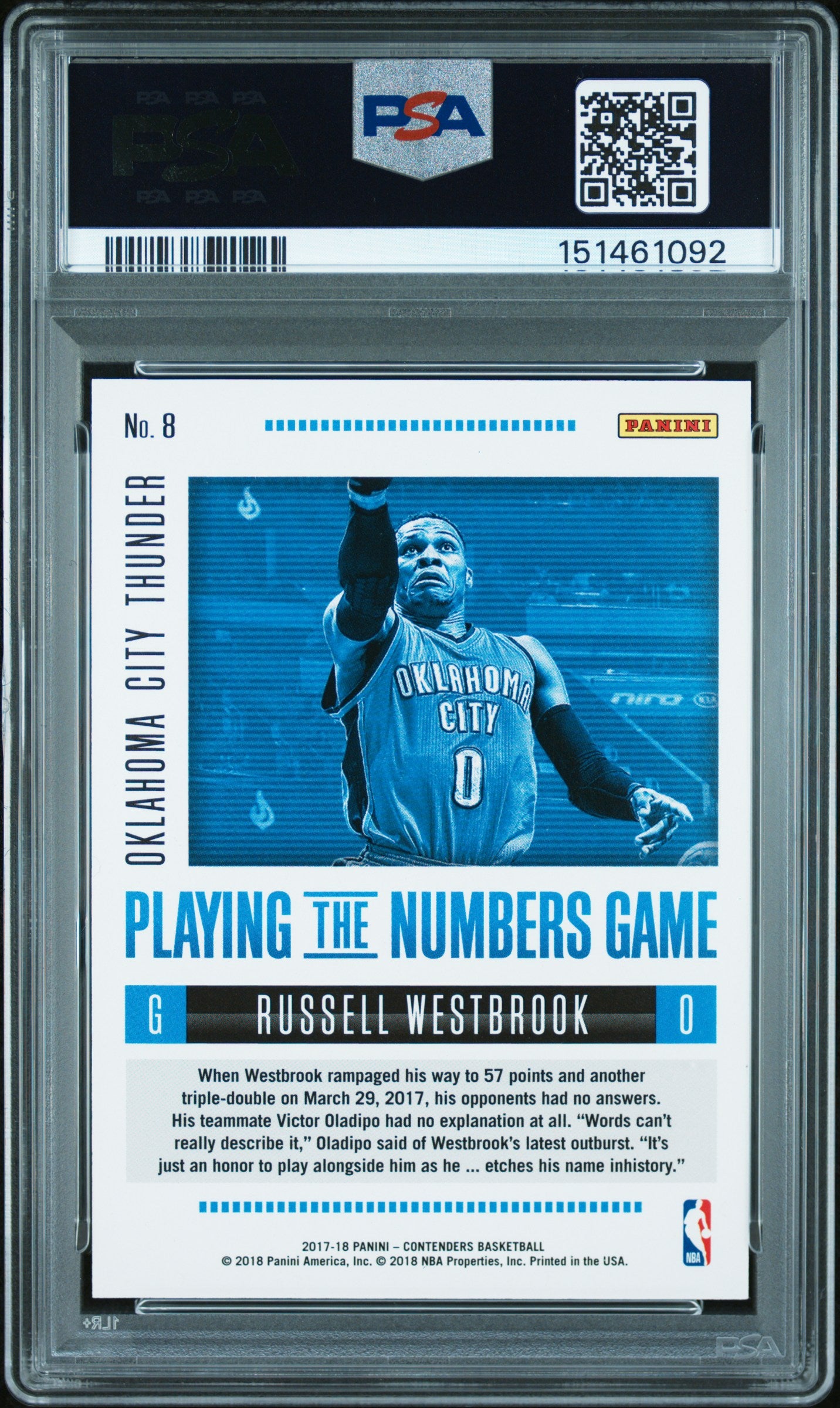 Russell Westbrook 2017 Contenders Numbers Game Cracked Ice Thunder 9/25 PSA 9
