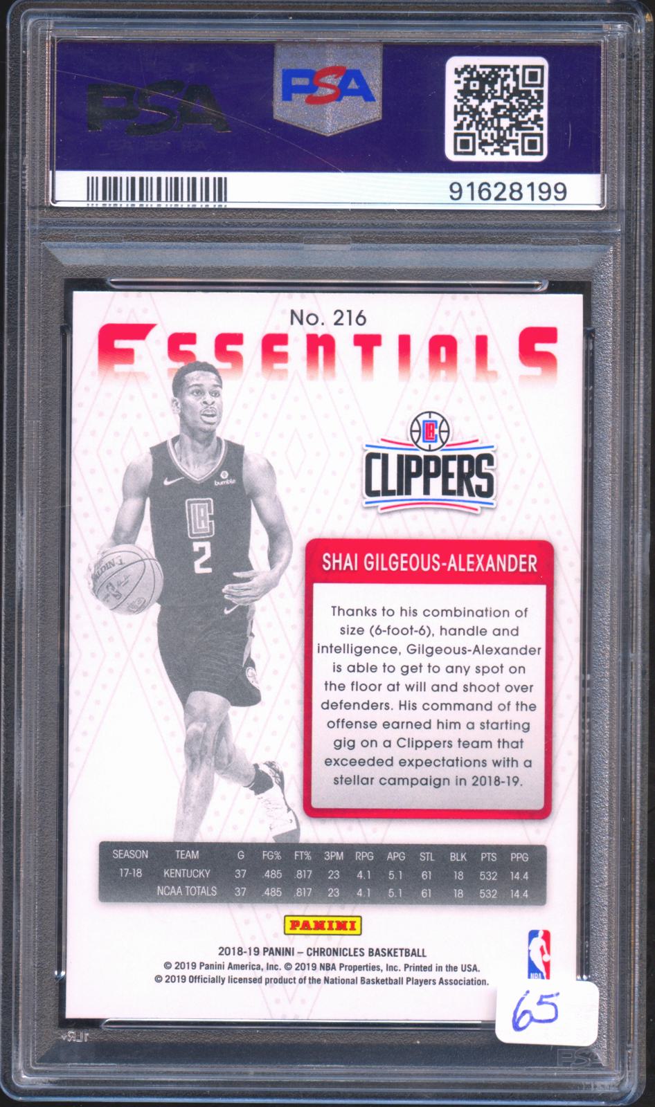 Shai Gilgeous-Alexander 2018-19 Essentials Rookie RC OKC Thunder #216 PSA 10