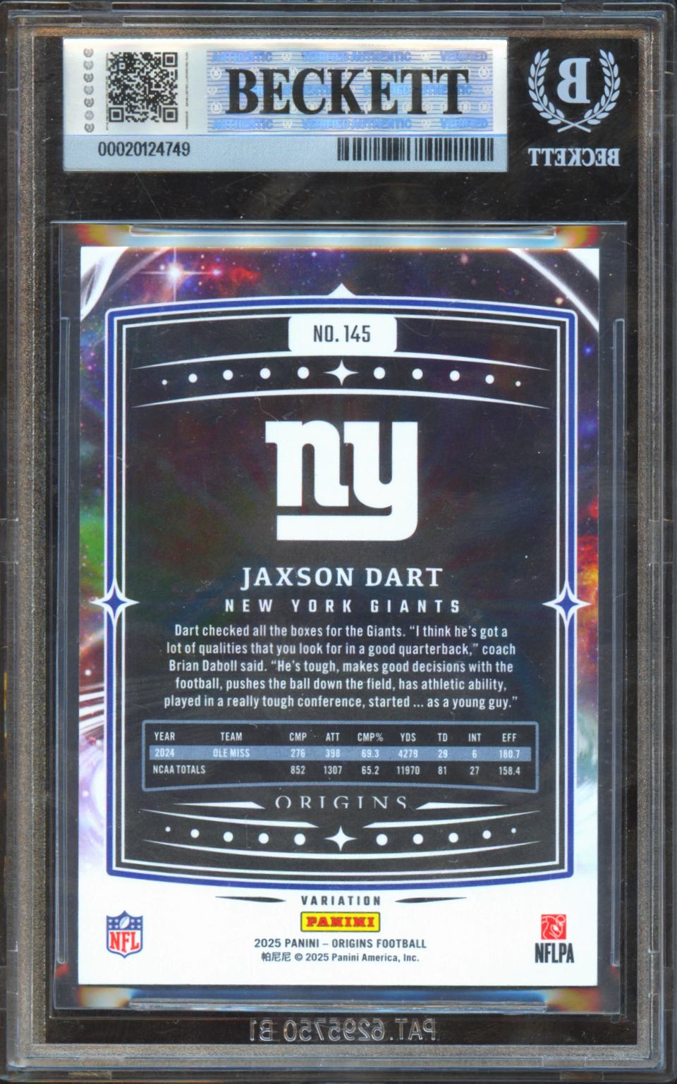 Jaxson Dart 2025 Origins Auto Autograph Rookie RC New York Giants BGS Authentic