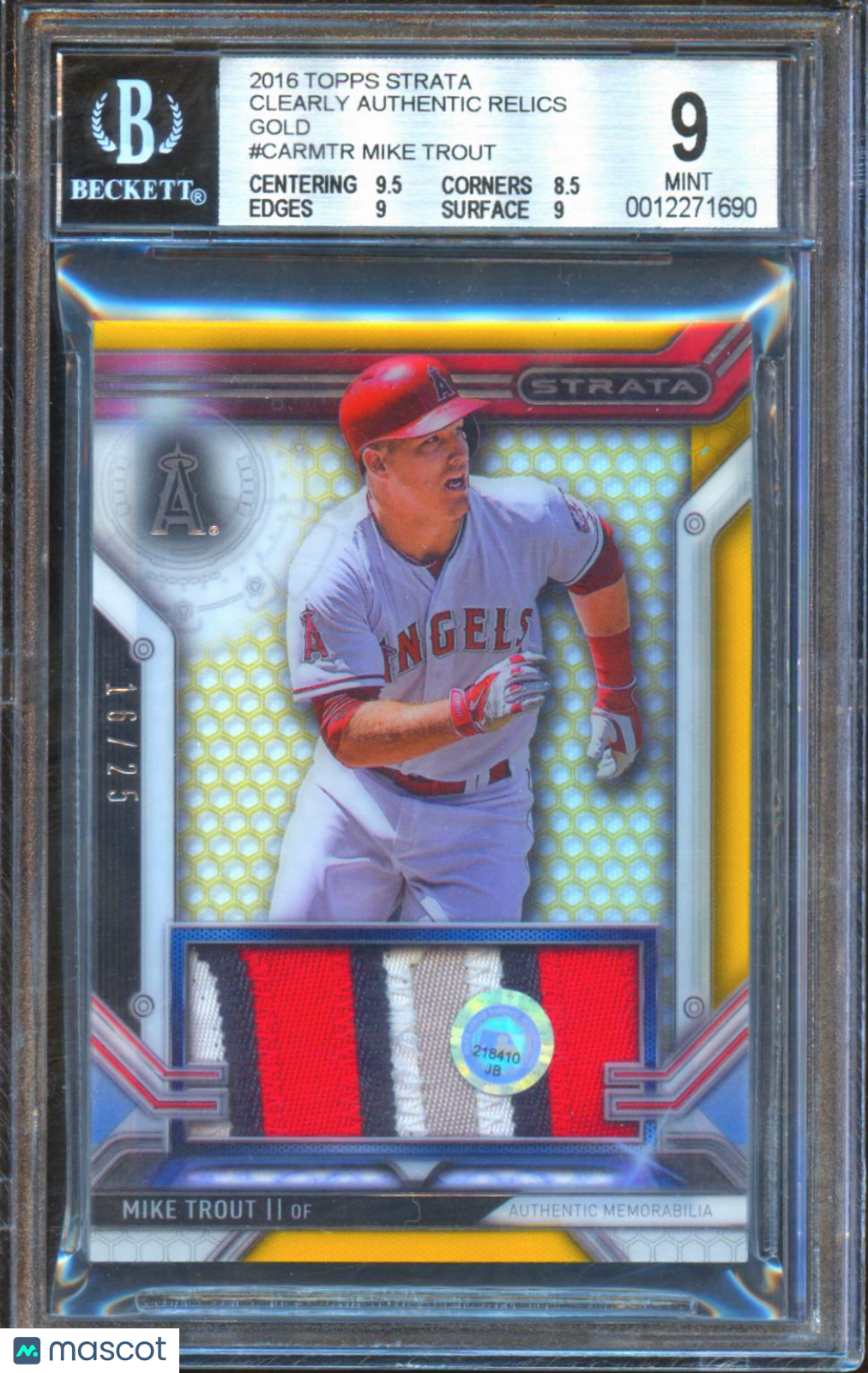 Mike Trout 2016 Topps Strata Game Worn Patch Relics Gold LA Angels 16/25 BGS 9