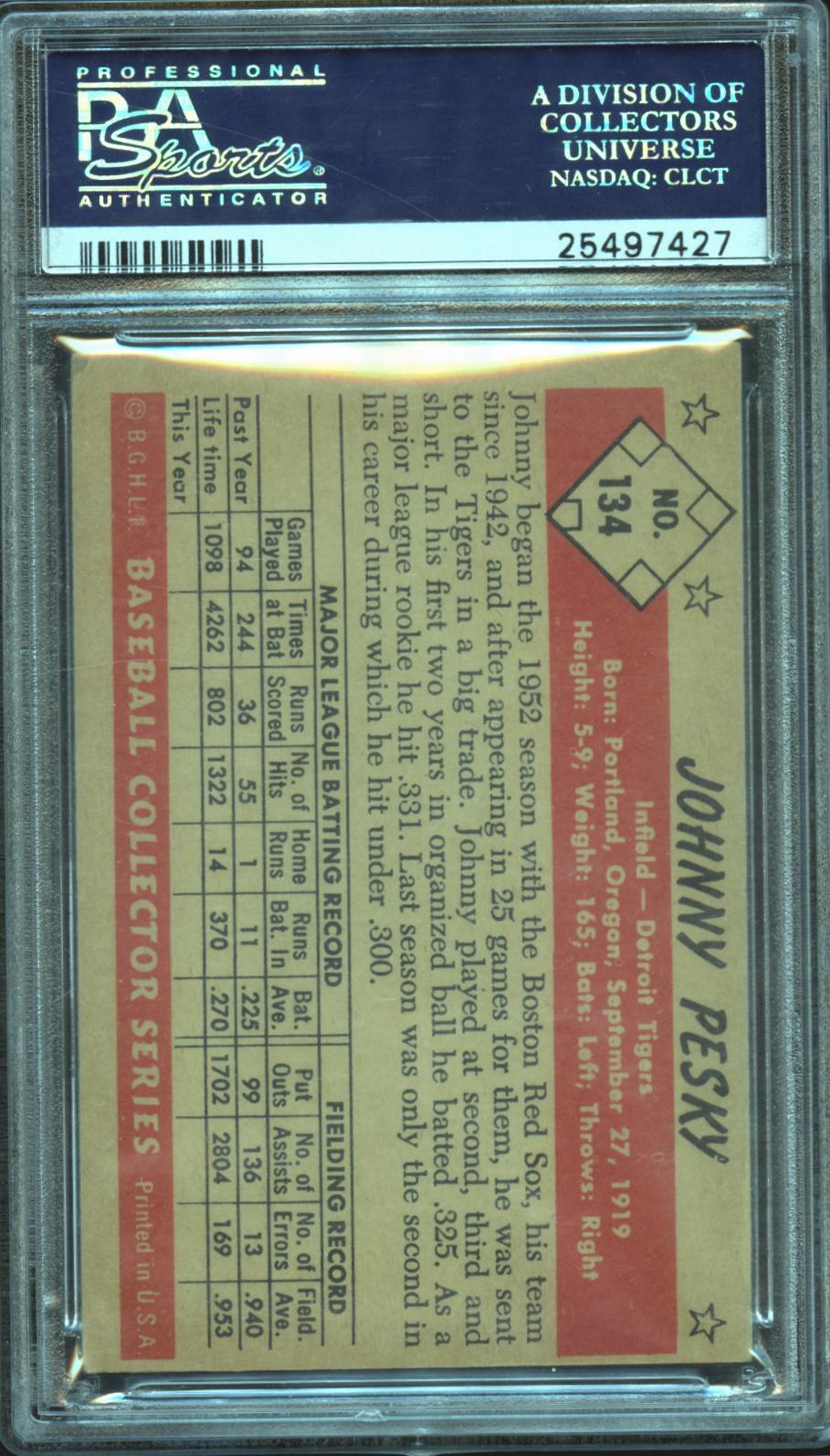 Johnny Pesky 1953 Bowman Color Detroit Tigers #134 PSA 4