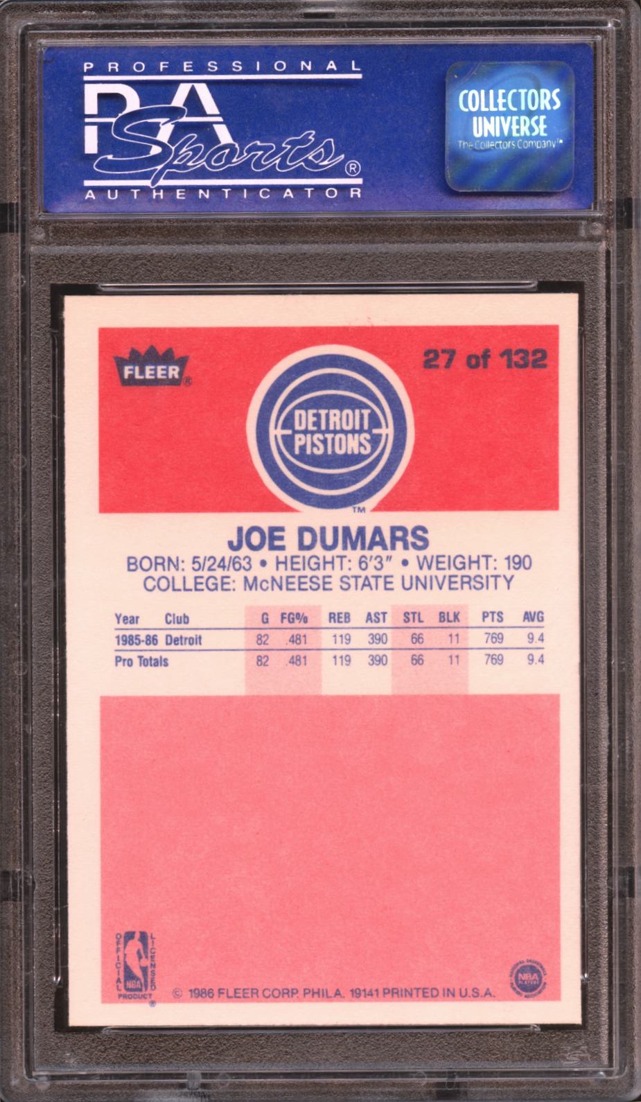 Joe Dumars 1986-87 Fleer Rookie Card RC Detroit Pistons #27 PSA 9