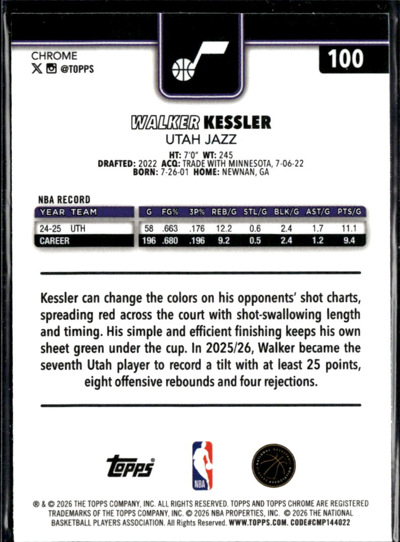 Walker Kessler 2026 Topps Chrome Aqua Refractor 40/199 Utah Jazz