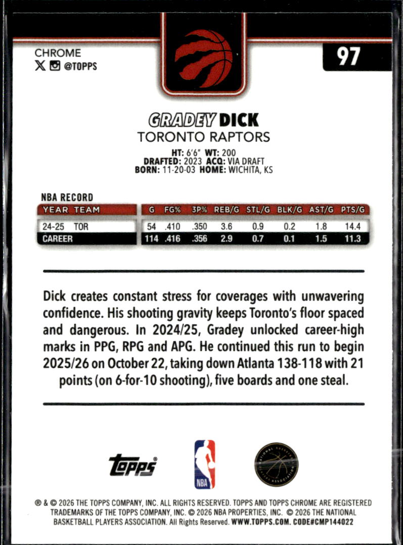 Gradey Dick 2026 Topps Chrome Green Refractor /99 Toronto Raptors