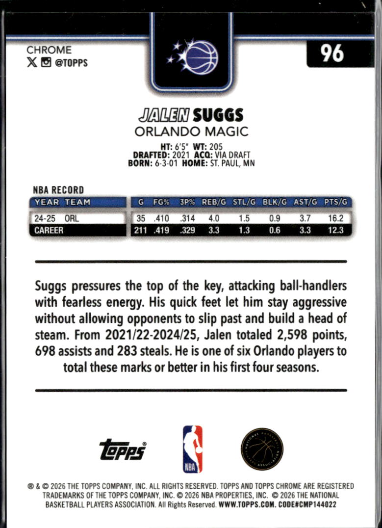 Jalen Suggs 2026 Topps Chrome Orange Refractor 22/25 Orlando Magic