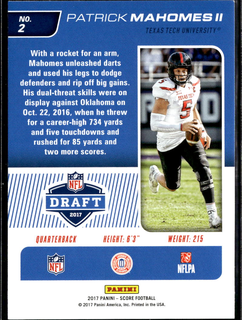 Patrick Mahomes II 2017 Score NFL Draft Rookie RC Texas Tech Kansas City Chiefs