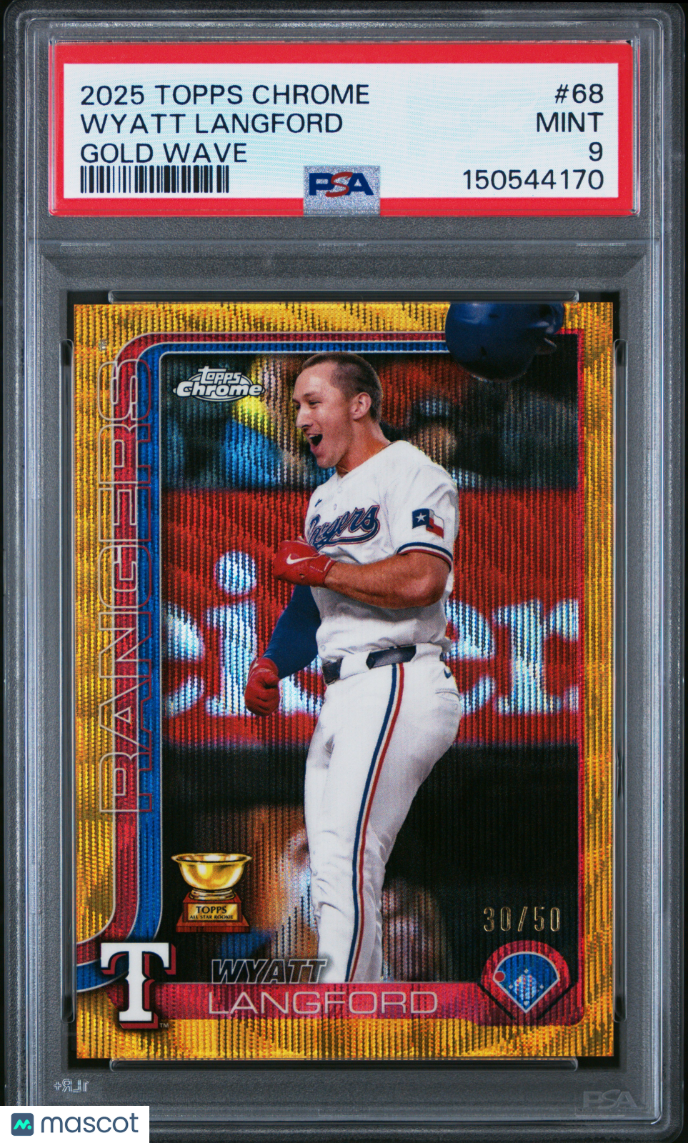Wyatt Langford 2025 Topps Chrome Gold Wave Refractor Texas Rangers 30/50 PSA 9