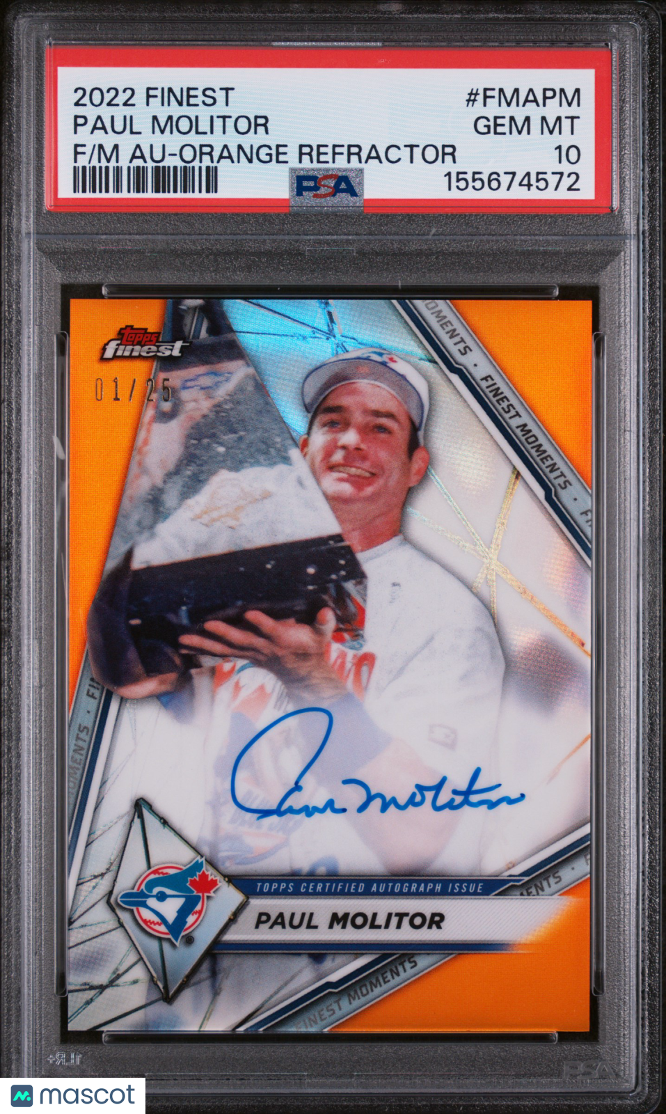Paul Molitor 2022 Topps Finest Moments Auto Autograph Orange Jays 1/25 PSA 10