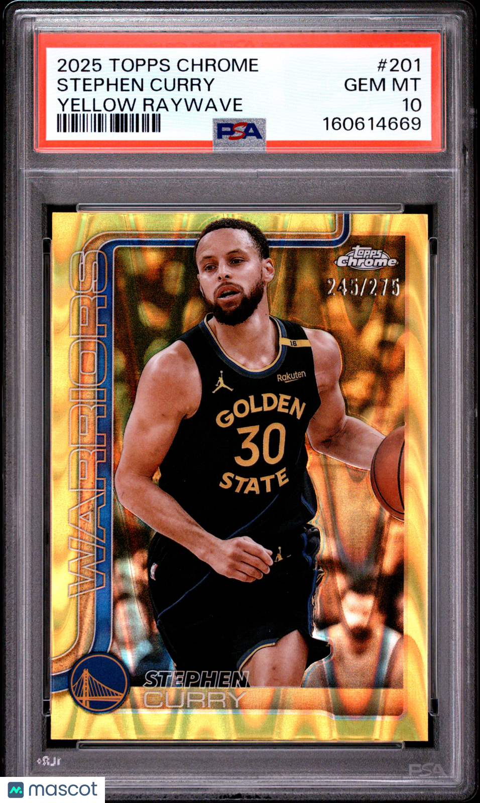 Stephen Curry 2025 Topps Chrome Yellow Raywave Warriors 245/275 PSA 10