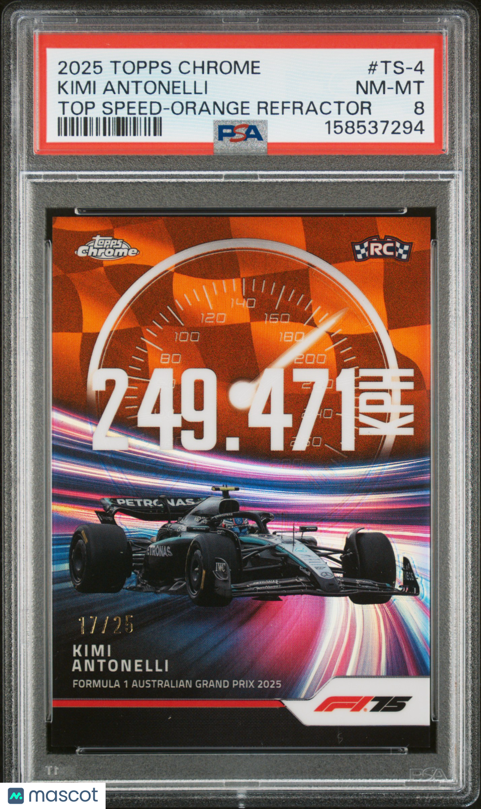 Kimi Antonelli 2025 Topps Chrome Formula 1 Top Speed Orange Refractor /25 PSA 8