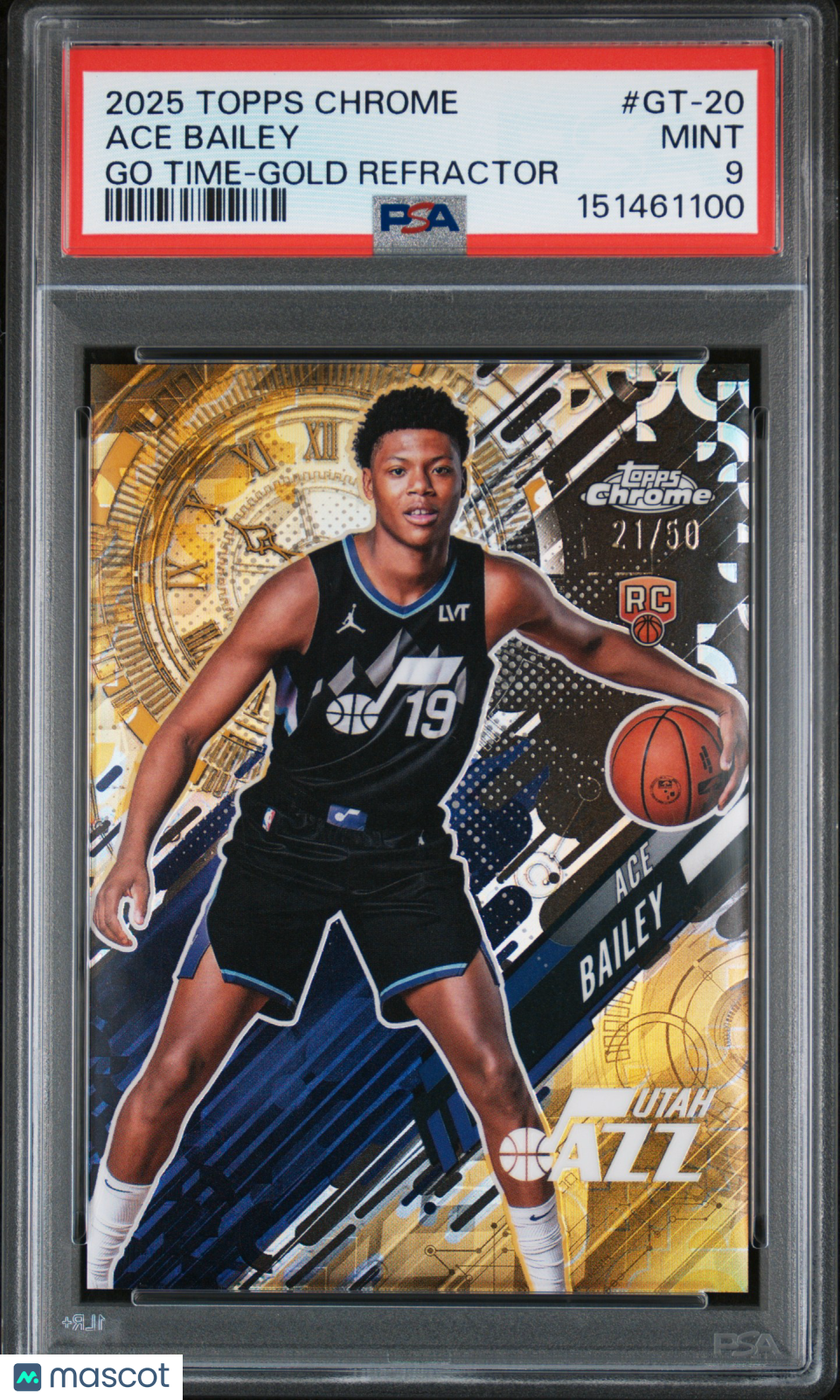 Ace Bailey 2025-26 Topps Chrome Go Time GOLD Refractor RC Jazz 21//50 PSA 9