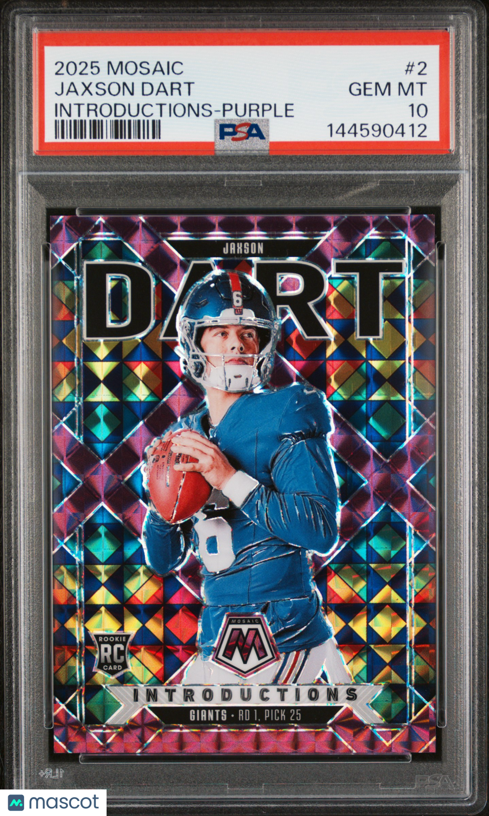 Jaxson Dart 2025 Mosaic Introductions Purple Prizm RC NY Giants 32/49 PSA 10