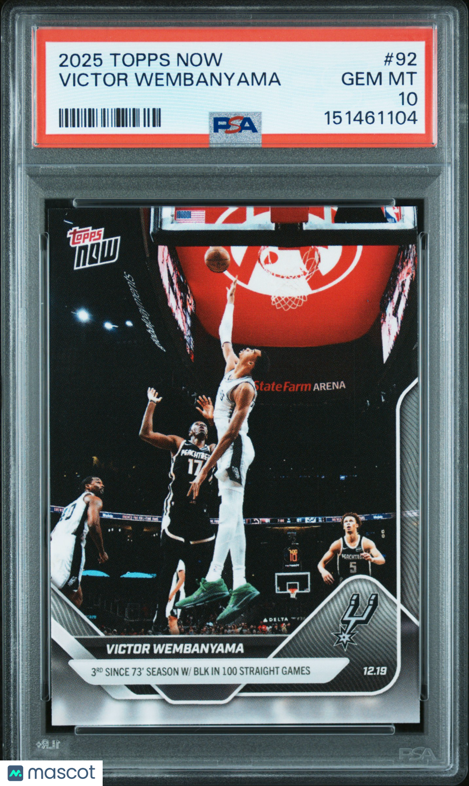 Victor Wembanyama 2025 Topps Now 100 Straight Games Spurs #92 PSA 10
