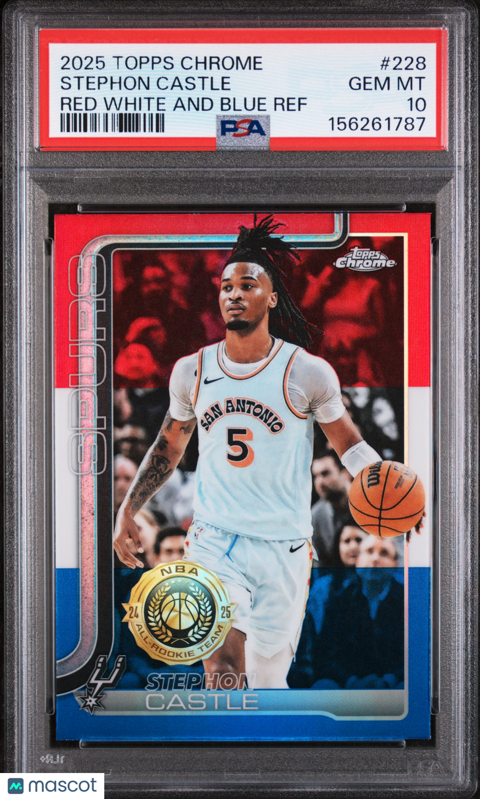 Stephon Castle 2025 Topps Chrome Red White And Blue Refractor Spurs #228 PSA 10