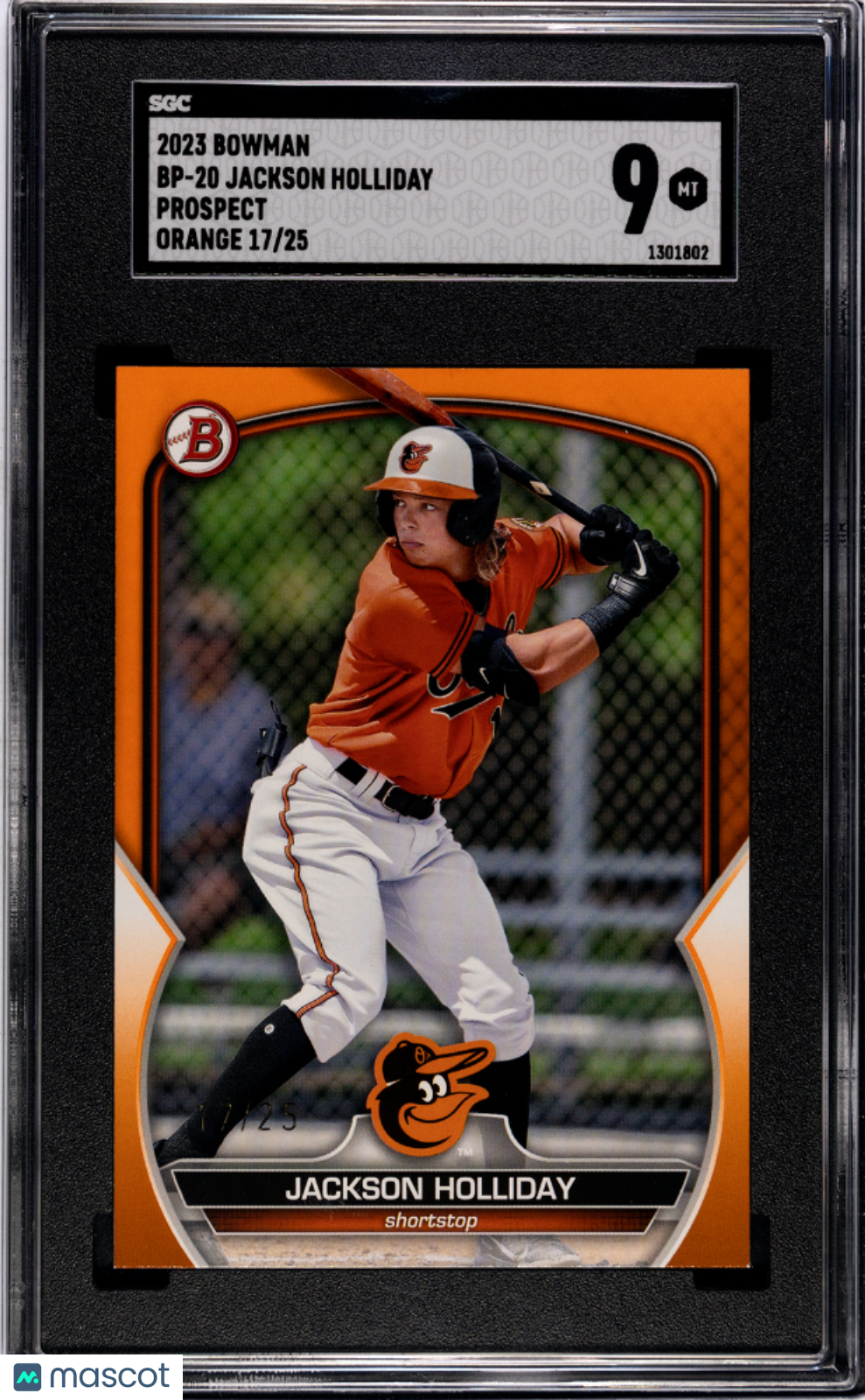 Jackson Holliday 2023 Bowman Prospect Orange Baltimore Orioles 17/25 SGC 9
