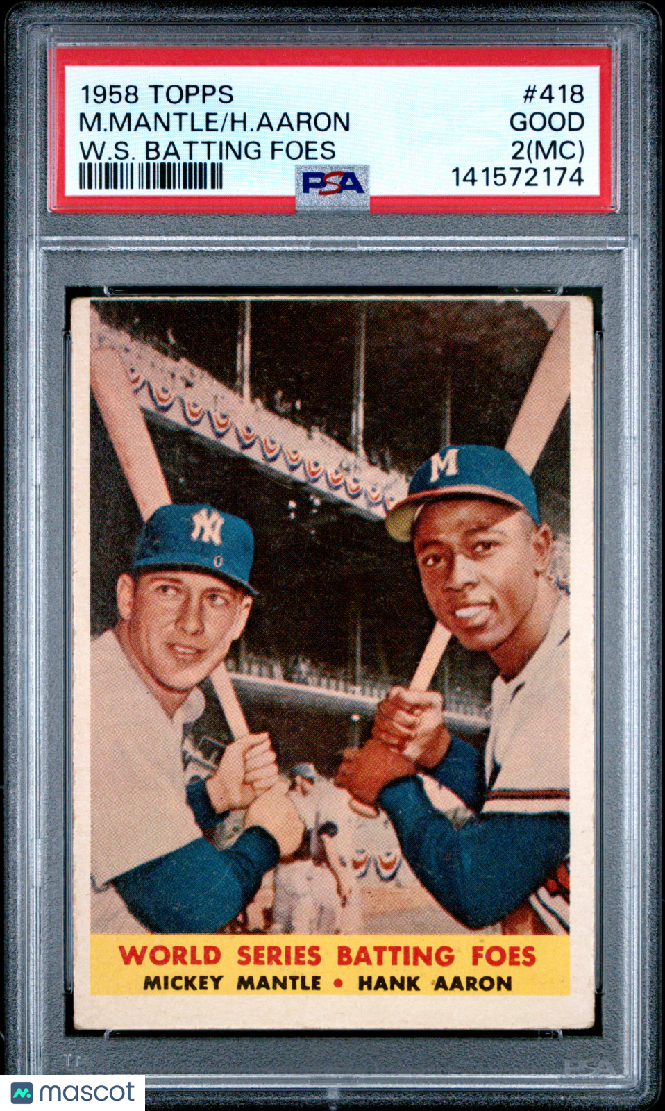 Mickey Mantle / Hank Aaron 1958 Topps MC W. S. Batting Foes Yankees #418 PSA 2