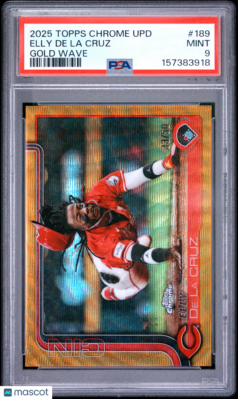 Elly De La Cruz 2025 Topps Chrome GOLD Wave Refractor 33/50 PSA 9