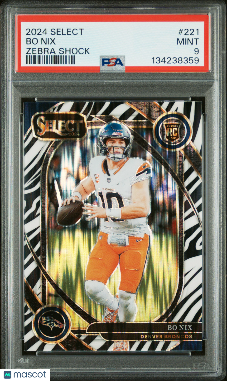 Bo Nix 2024 Select Club Level Zebra Prizm SSP Rookie RC Denver Broncos PSA 9