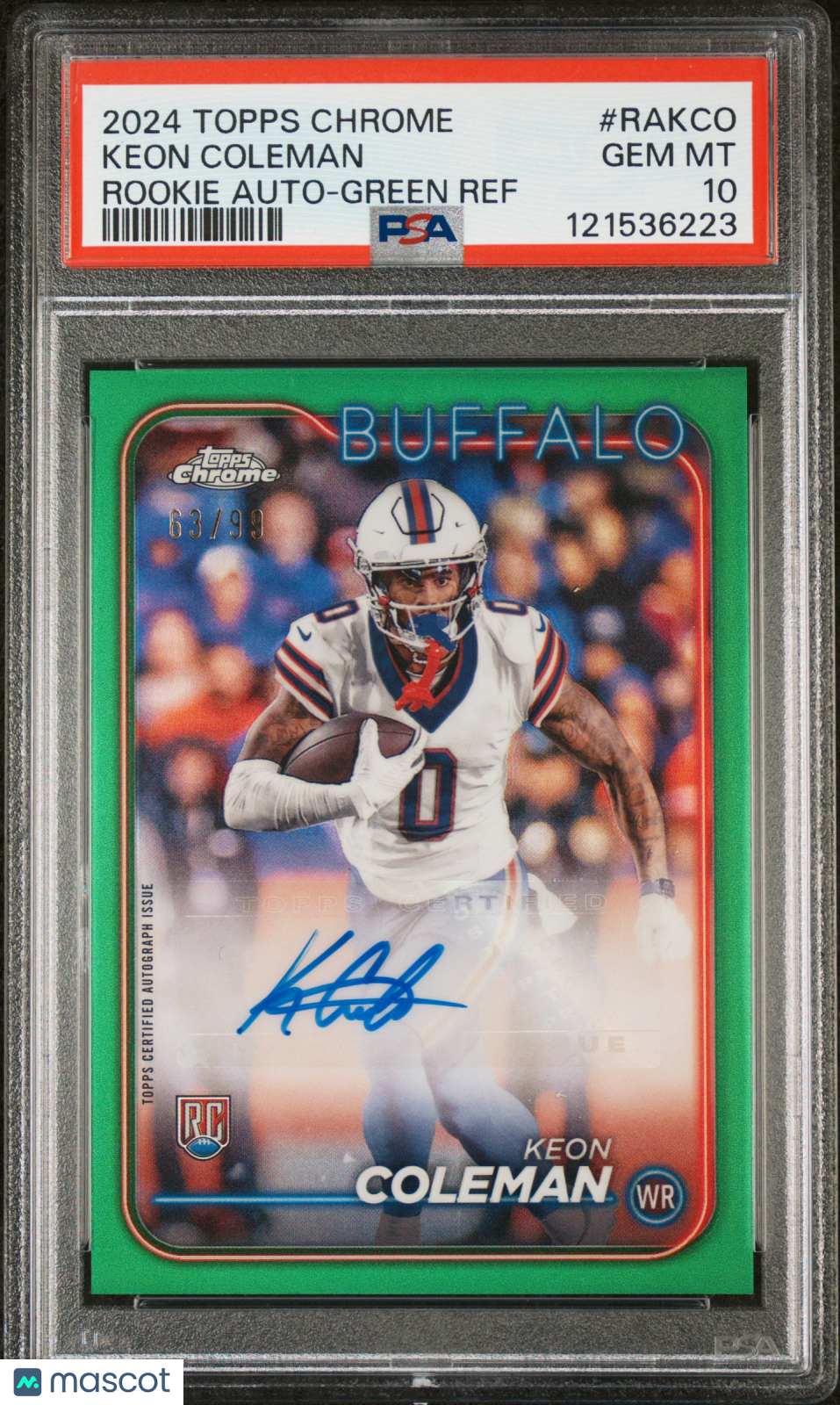 Keon Coleman 2024 Topps Chrome Auto Autograph RC Buffalo Bills 63/99 PSA 10