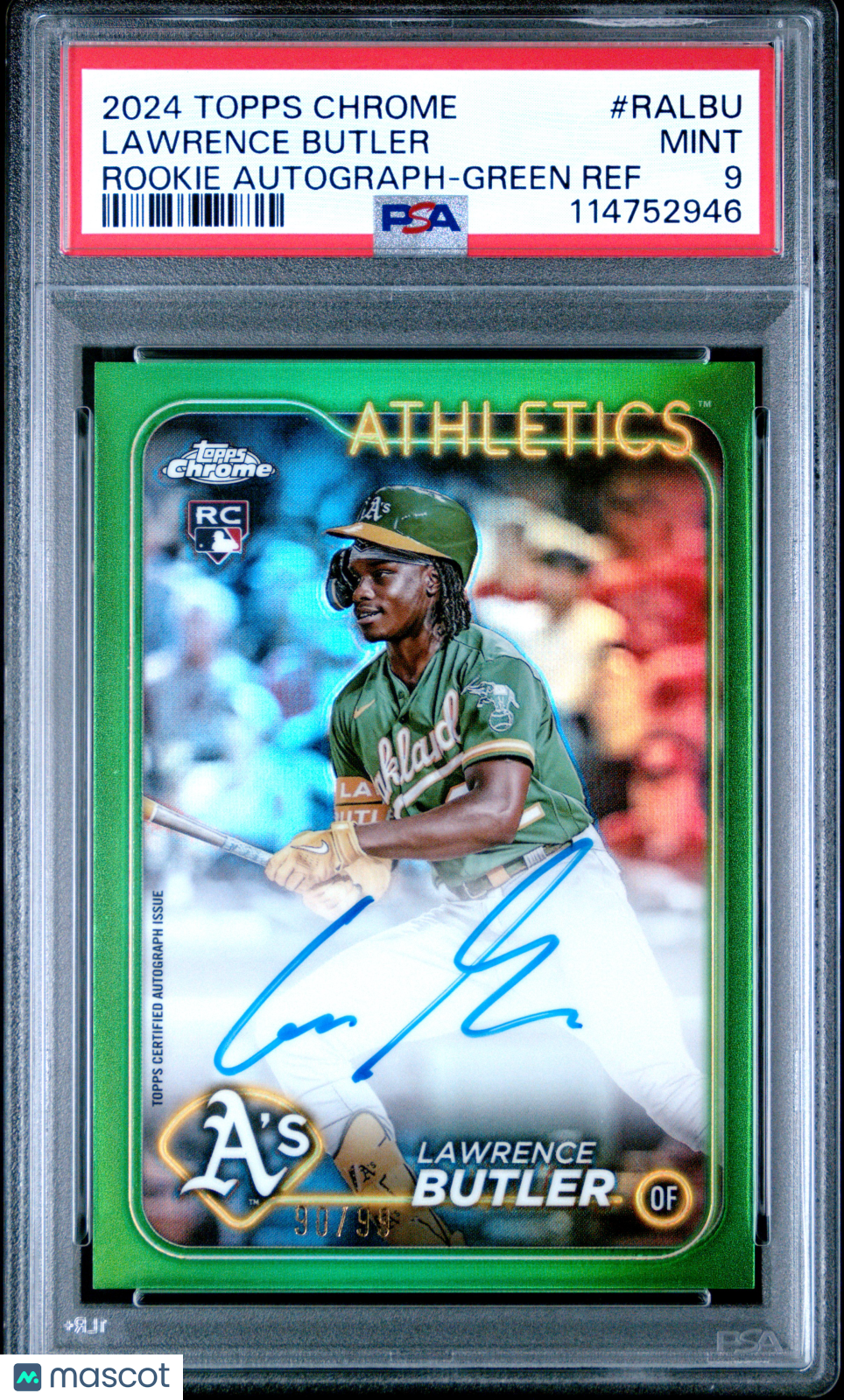 Lawrence Butler 2024 Topps Chrome Auto Autograph RC Green 90/99 A's PSA 9
