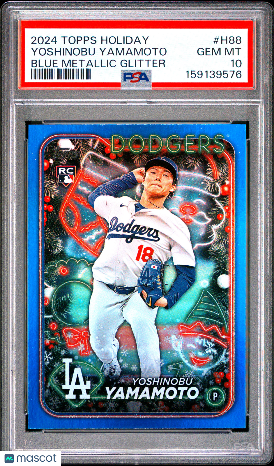 Yoshinobu Yamamoto 2024 Topps Holiday Blue Metallic Glitter RC LA Dodgers PSA 10