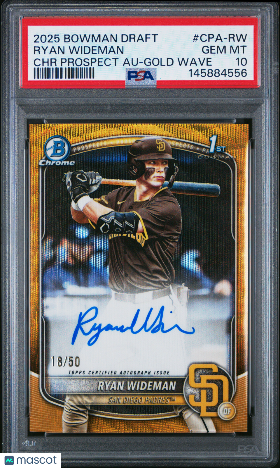 Ryan Wideman 2025 Bowman Chrome 1st Auto Autograph GOLD Wave 18/50 Padres PSA 10