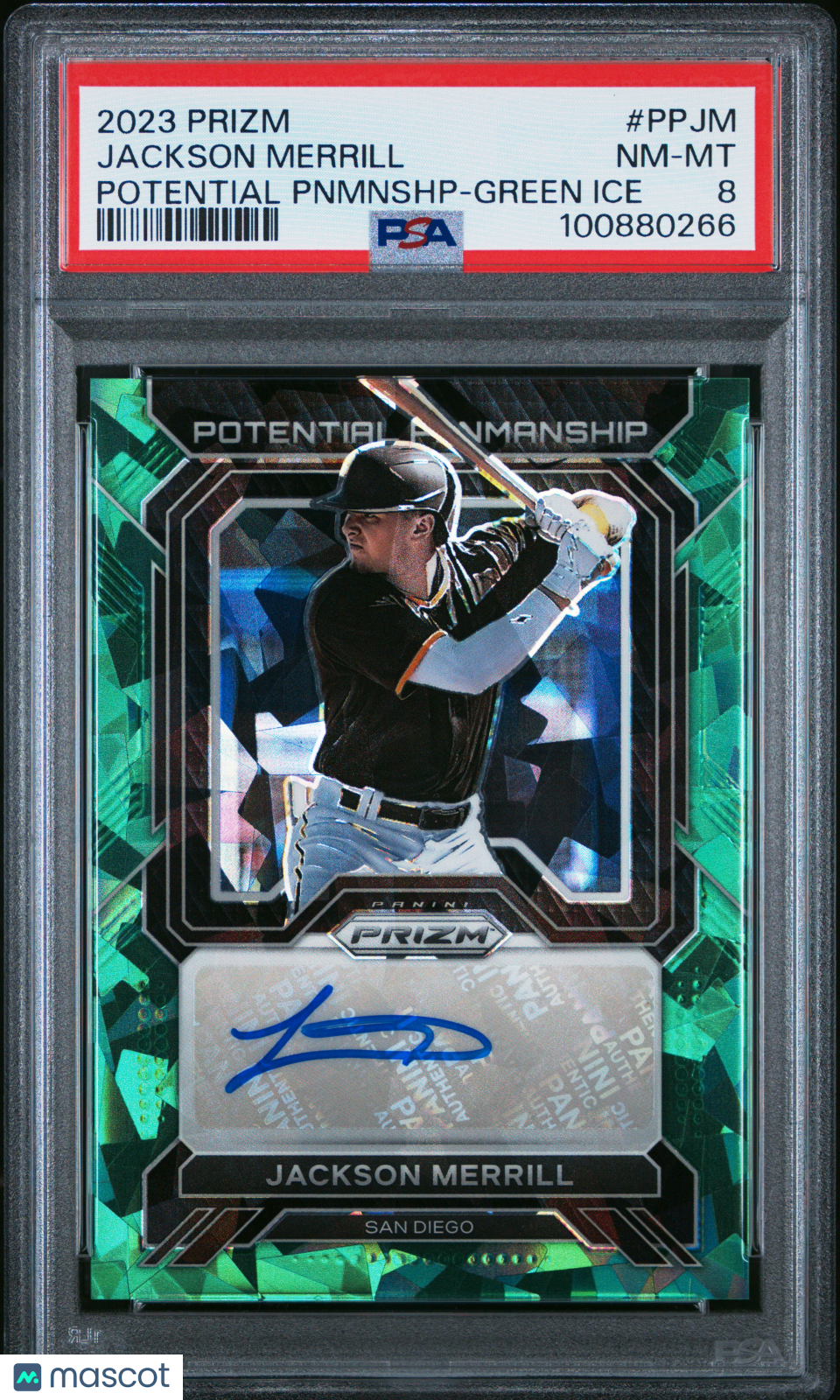 Jackson Merrill 2023 Panini Prizm Potential Penmanship Pnmnshp Green Ice PSA 8