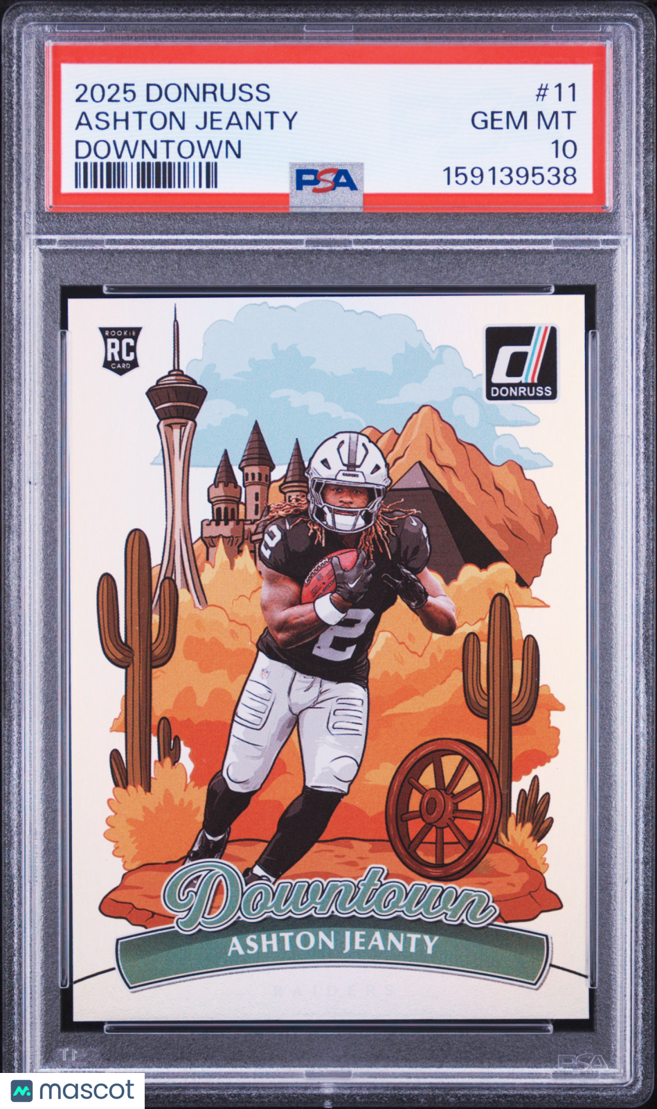 Ashton Jeanty 2025 Donruss DOWNTOWN CASE HIT RC SSP Raiders PSA 10