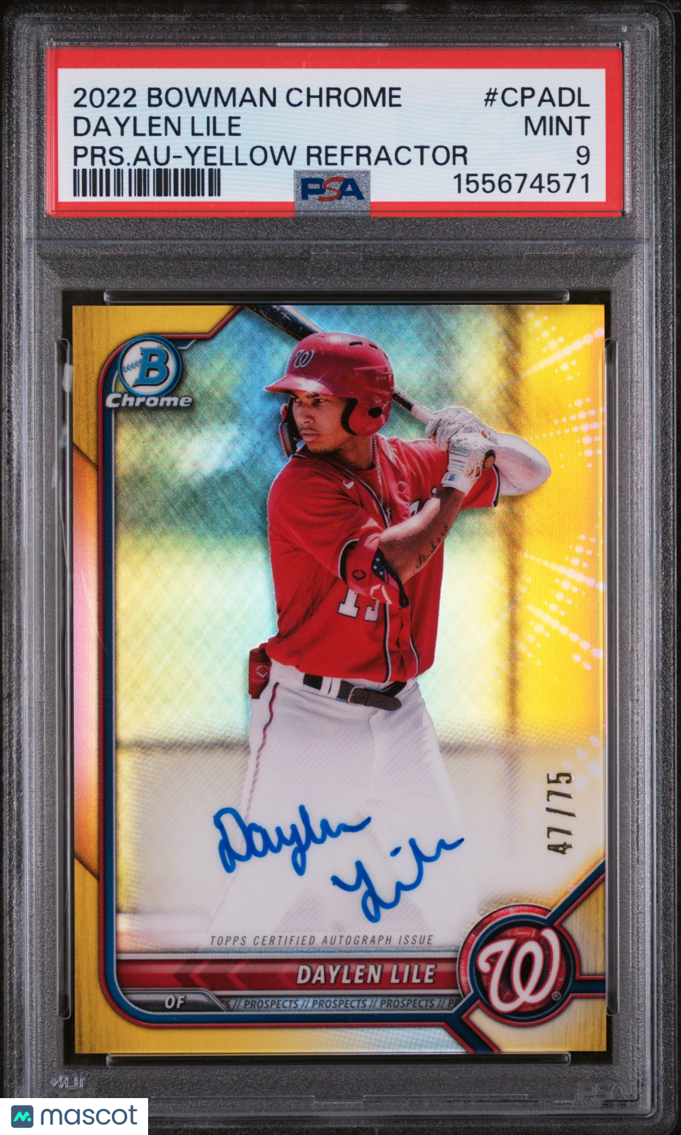 Daylen Lile 2022 Bowman Chrome Auto Autograph Yellow Nationals 47/75 PSA 9