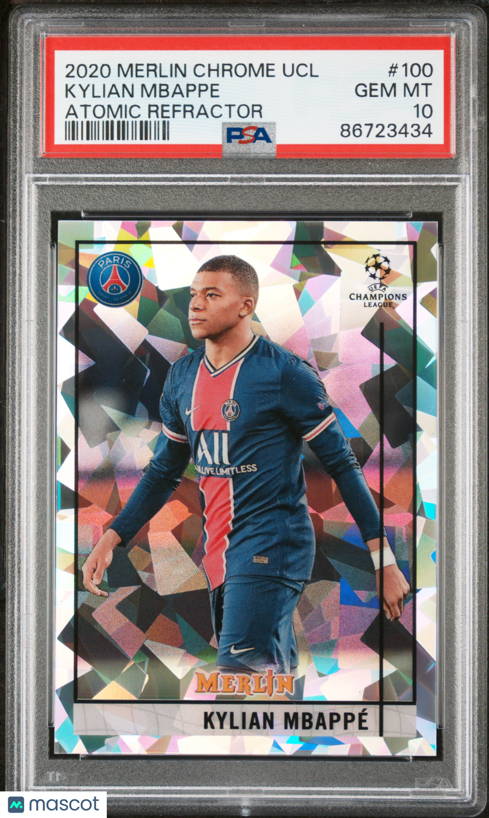 Kylian Mbappe 2020 Topps Chrome Merlin UEFA Atomic Refractor Paris 92/200 PSA 10
