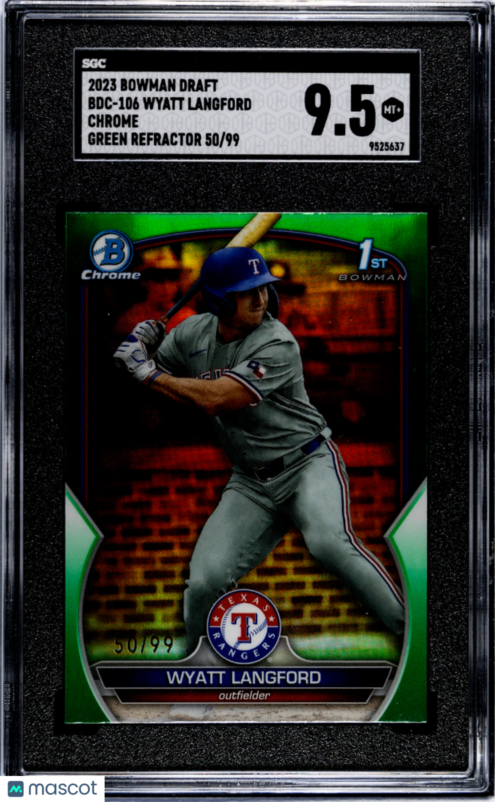 Wyatt Langford 2023 Bowman Chrome 1st Green Refractor RC Rangers 50/99 SGC 9.5