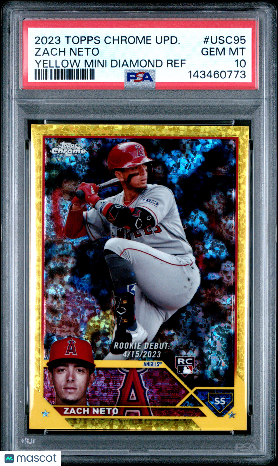 Zach Neto 2023 Topps Chrome Yellow Mini Diamond Refractor RC Angels /75 PSA 10