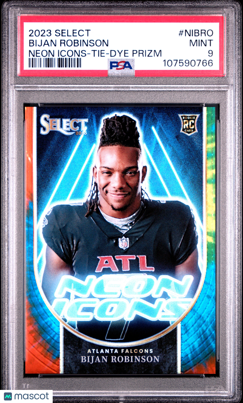 Bijan Robinson 2023 Select Neon Icons Tie Dye Prizm RC 20/25 Falcons PSA 9