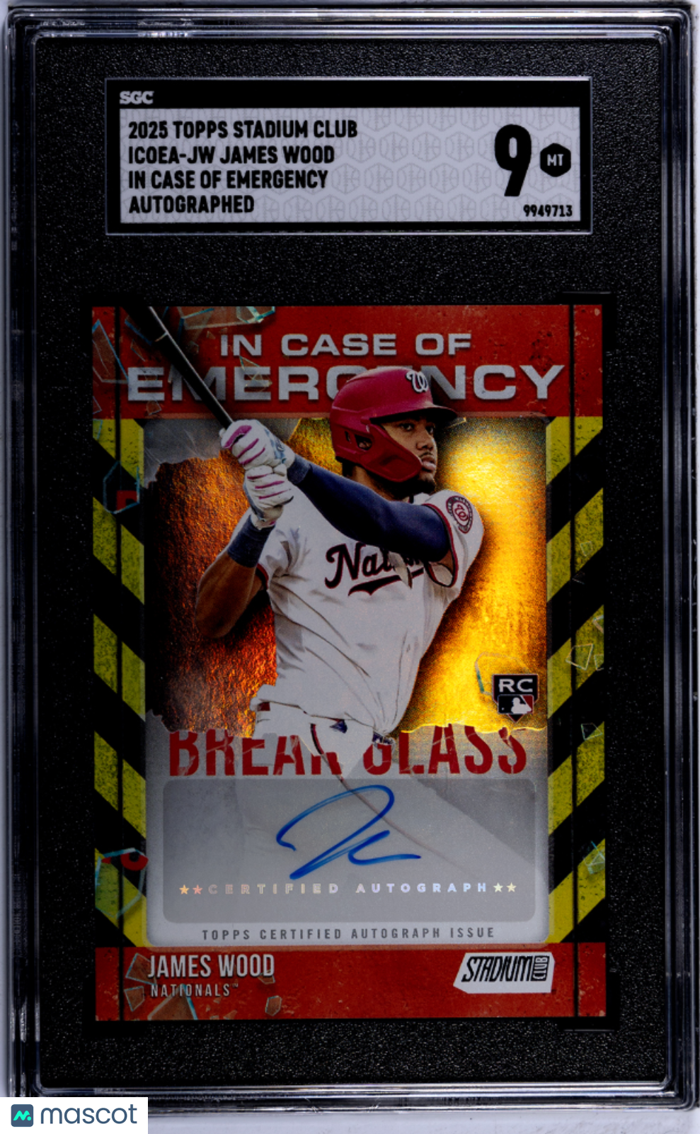 James Wood 2025 Topps Stadium Club Emergency Auto Autograph RC Nationals SGC 9