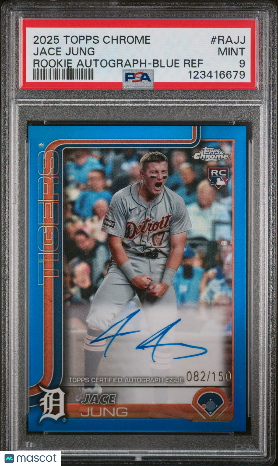 Jace Jung 2025 Topps Chrome Auto Autograph Rookie RC BLUE Tigers 82/150 PSA 9