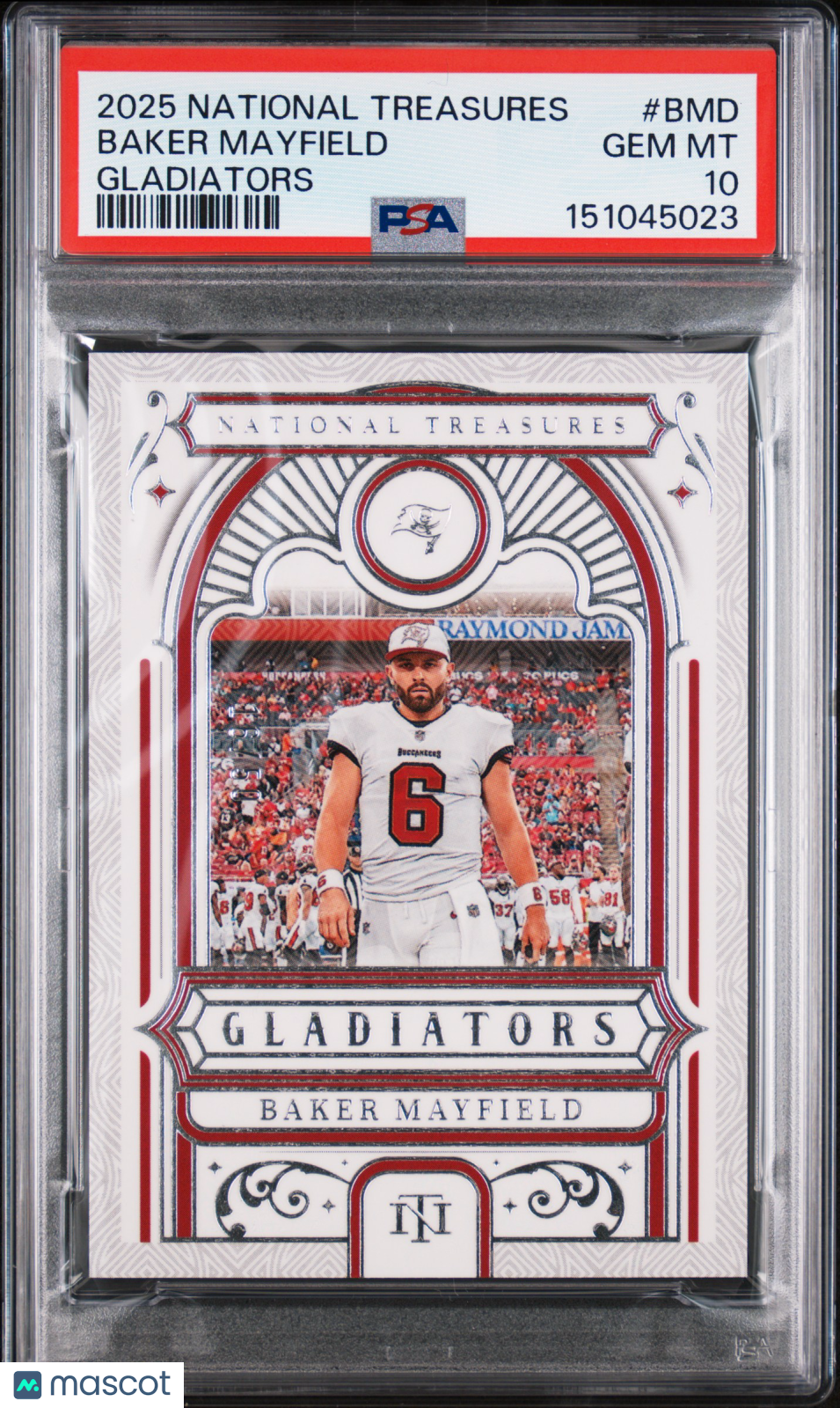 Baker Mayfield 2025 National Treasures Gladiators TB Buccaneers 16/50 PSA 10