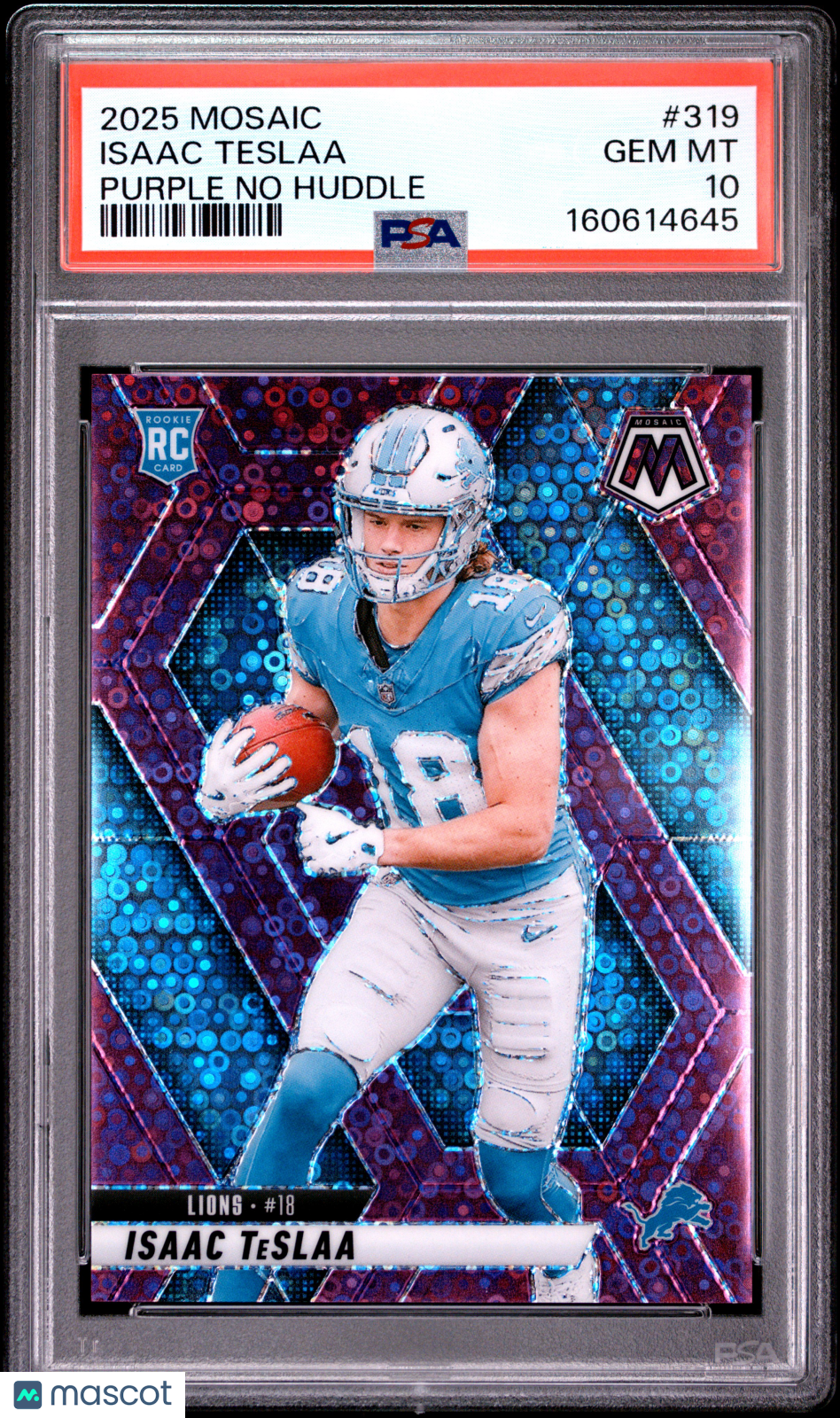 Isaac Teslaa 2025 Mosaic Purple No Huddle Disco RC Detroit Lions 9/50 PSA 10