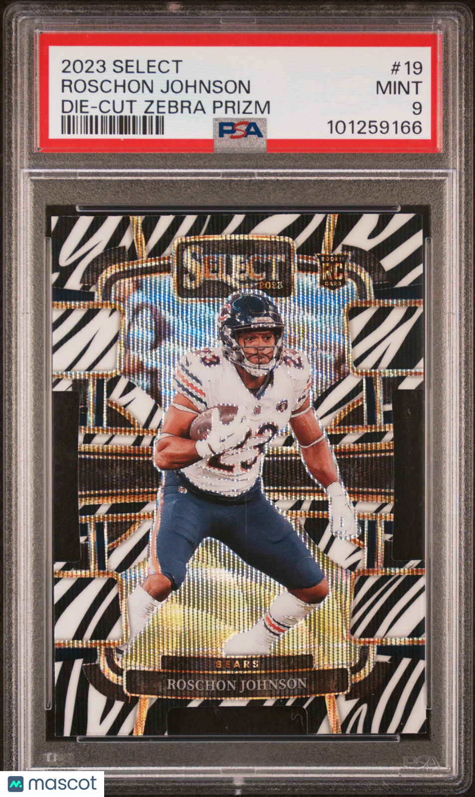 Roschon Johnson 2023 Select Die-Cut Zebra Prizm SSP RC Chicago Bears PSA 9
