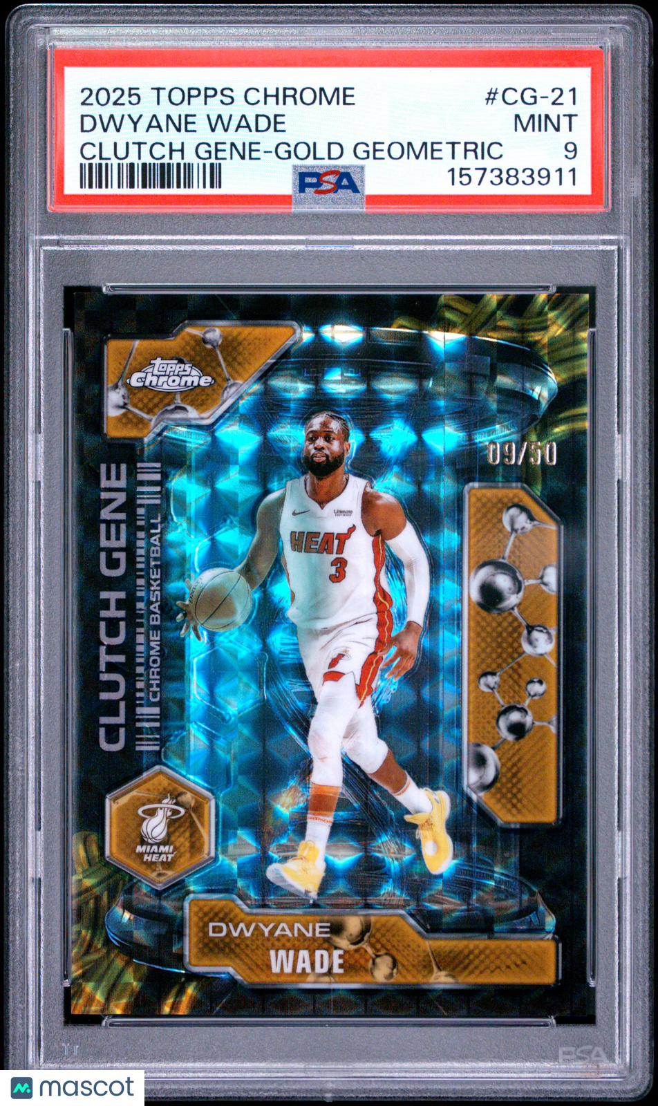 Dwyane Wade 2025 Topps Chrome Clutch Gene GOLD Refractor Heat 9/50 PSA 9