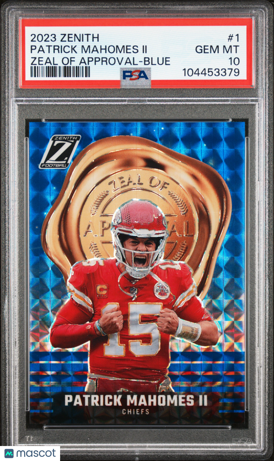 Patrick Mahomes II 2023 Zenith Zeal Of Approval Blue Prizm KC Chiefs PSA 10